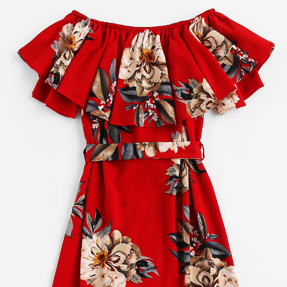 Red Floral Print A Layered A Line Dress with Belt - Picture 2 of 4
